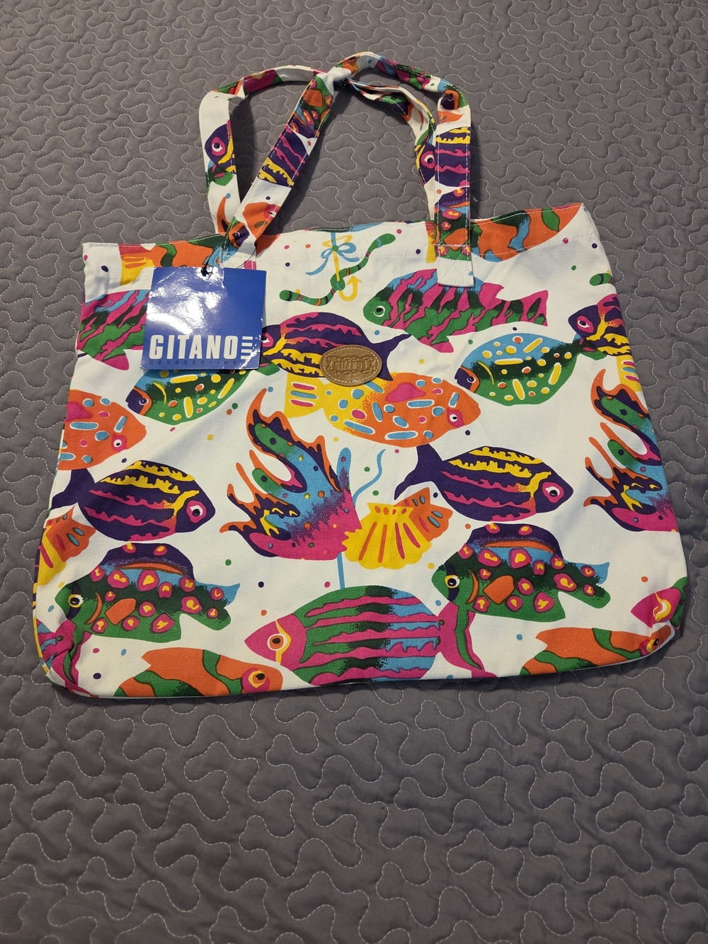 Gitano Multicolor Fish Print Tote Bag - White Base with Bright Accents